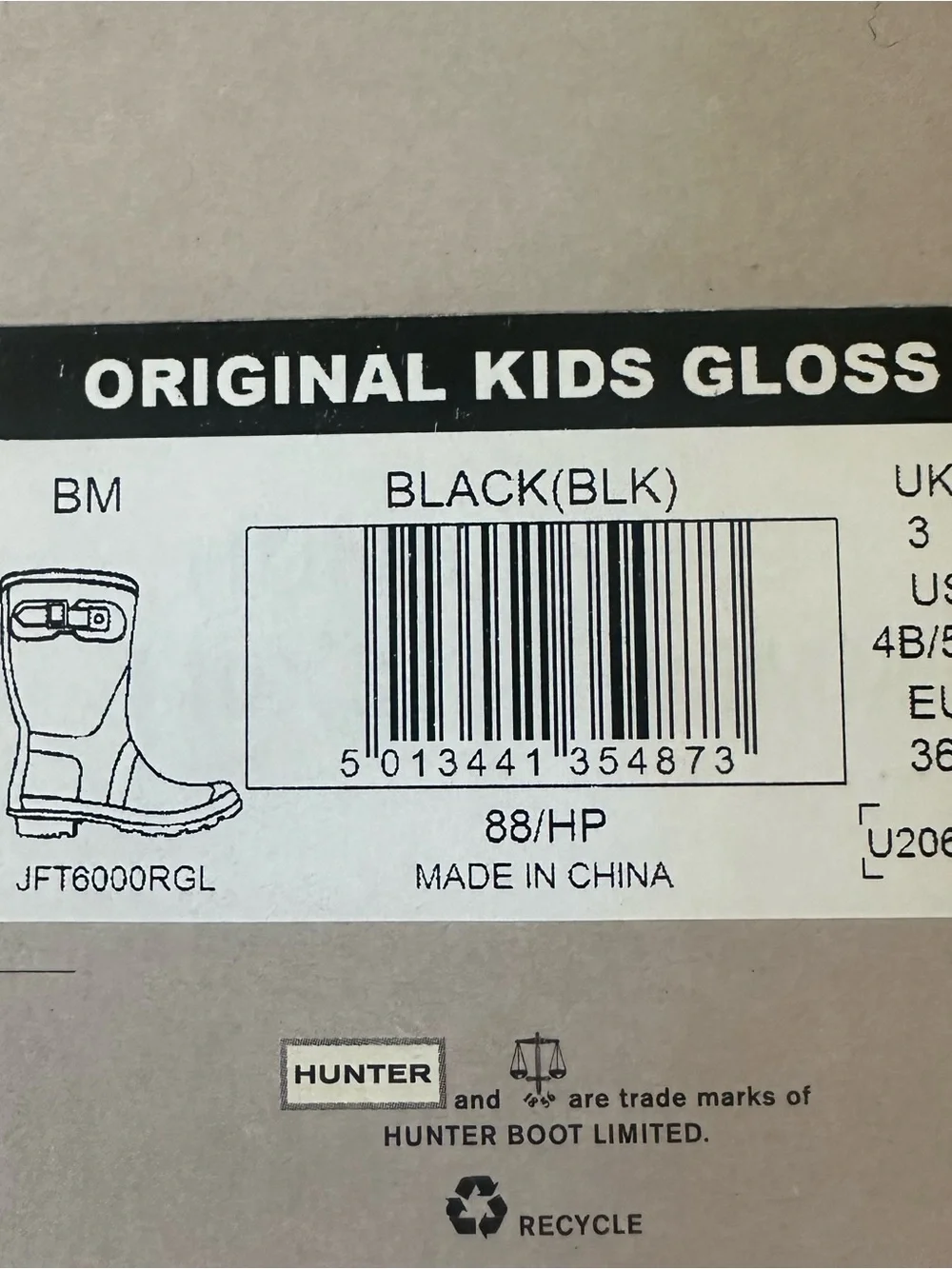 Hunter Kids Gloss Black Tall Rain Boots size 4B/5G
